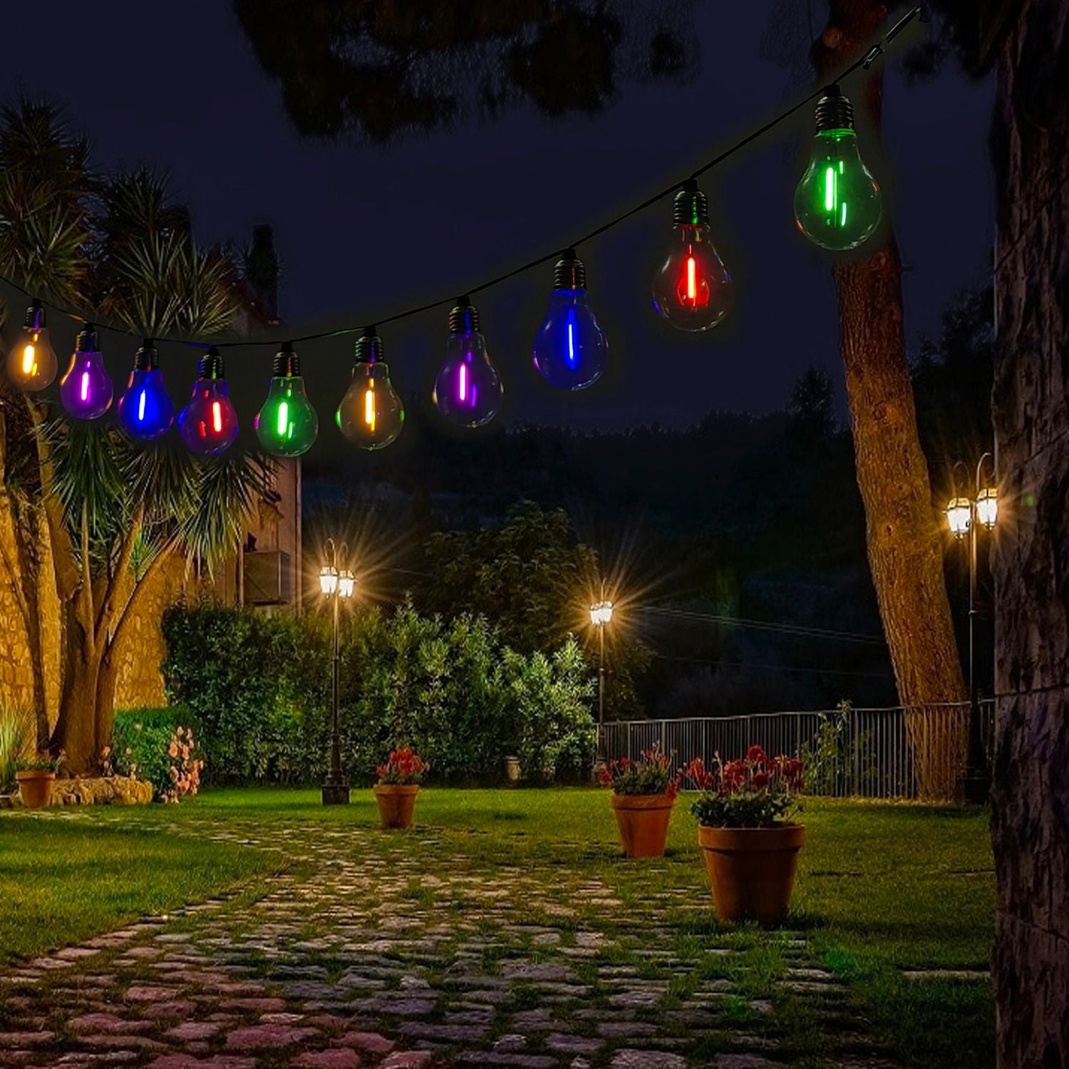 DICTROLUX - Catena Luminosa 10 Lampadine Solari Luce Multicolor da esterno - Lunghezza totale catena 3,8 metri